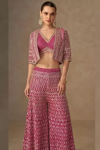Pink georgette hand embroidery semi stitched salwar suits suits size up to 42