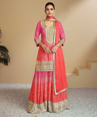 Pink silk blend hand embroidery semi stitched salwar suits suits size up to 42 1