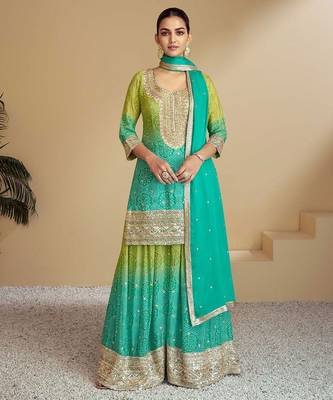 Lime silk blend hand embroidery semi stitched salwar suits suits size up to 42 1