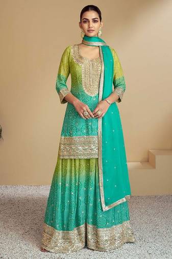 Lime silk blend hand embroidery semi stitched salwar suits suits size up to 42