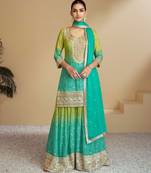 Lime silk blend hand embroidery semi stitched salwar suits suits size up to 42