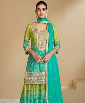 Lime silk blend hand embroidery semi stitched salwar suits suits size up to 42 2