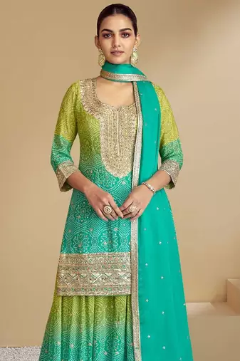Lime silk blend hand embroidery semi stitched salwar suits suits size up to 42