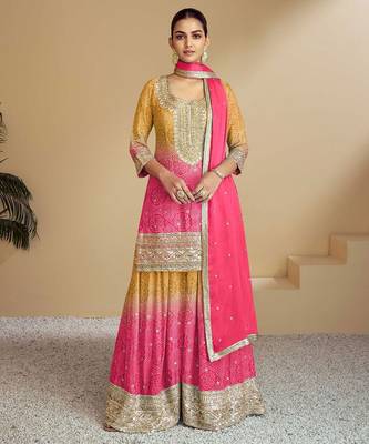 Pink silk blend hand embroidery semi stitched salwar suits suits size up to 42 1