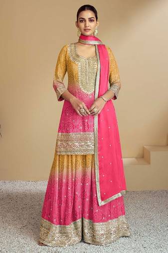 Pink silk blend hand embroidery semi stitched salwar suits suits size up to 42