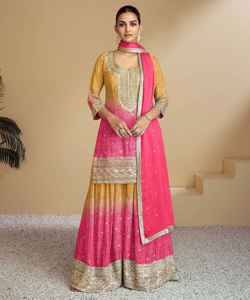 Pink silk blend hand embroidery semi stitched salwar suits suits size up to 42