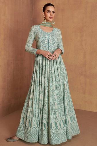 Green georgette hand embroidery semi stitched salwar suits suits size up to 42