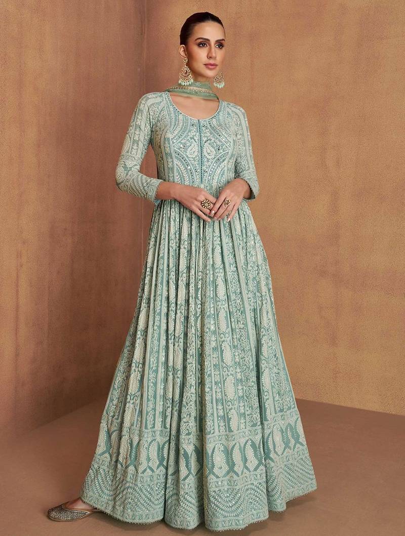 Green georgette hand embroidery semi stitched salwar suits suits size up to 42