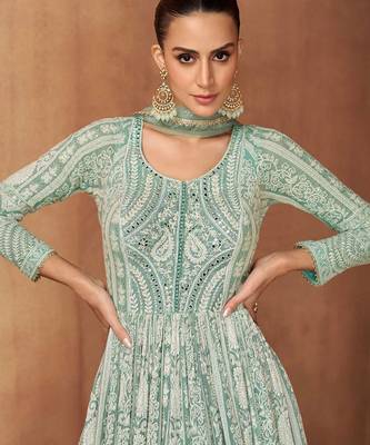 Green georgette hand embroidery semi stitched salwar suits suits size up to 42 2