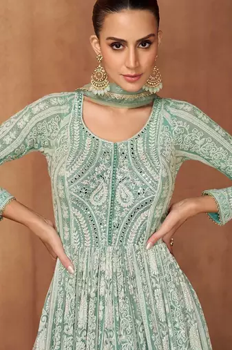 Green georgette hand embroidery semi stitched salwar suits suits size up to 42