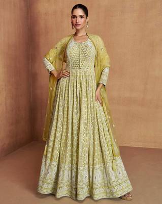 Mustard georgette hand embroidery semi stitched salwar suits suits size up to 42 1