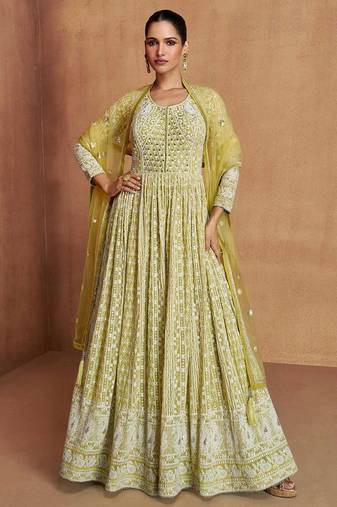 Mustard georgette hand embroidery semi stitched salwar suits suits size up to 42