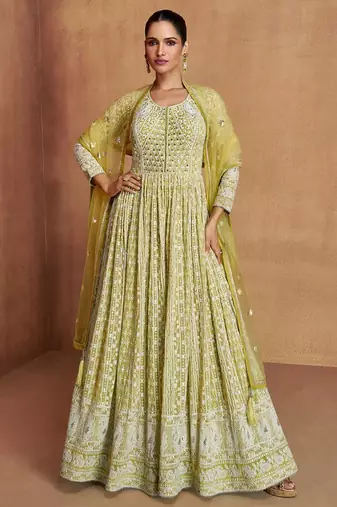 Mustard georgette hand embroidery semi stitched salwar suits suits size up to 42