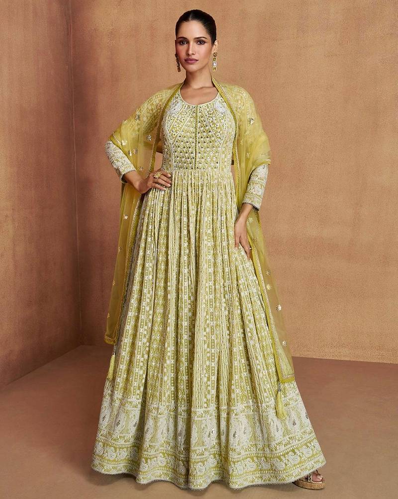 Mustard georgette hand embroidery semi stitched salwar suits suits size up to 42