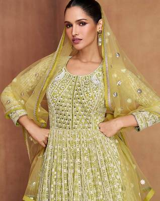 Mustard georgette hand embroidery semi stitched salwar suits suits size up to 42 2