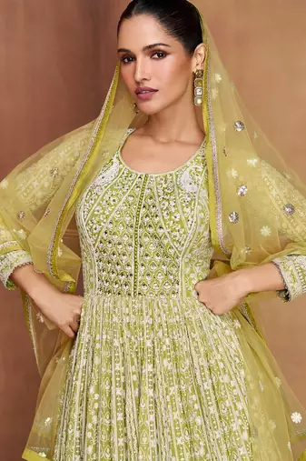 Mustard georgette hand embroidery semi stitched salwar suits suits size up to 42