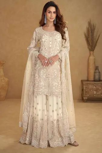 Off white net sequins work semi stitched salwar suits suits size up to 42