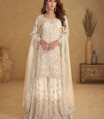 Off white net sequins work semi stitched salwar suits suits size up to 42