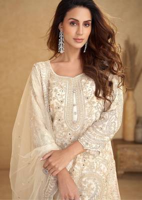 Off white net sequins work semi stitched salwar suits suits size up to 42 2