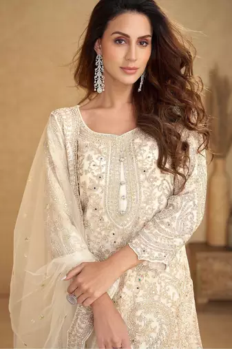 Off white net sequins work semi stitched salwar suits suits size up to 42