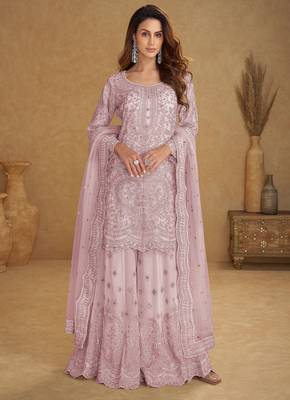 Pink net sequins work semi stitched salwar suits suits size up to 42 1