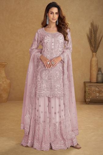 Pink net sequins work semi stitched salwar suits suits size up to 42