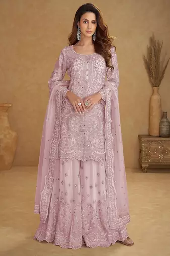 Pink net sequins work semi stitched salwar suits suits size up to 42