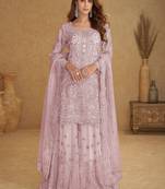 Pink net sequins work semi stitched salwar suits suits size up to 42