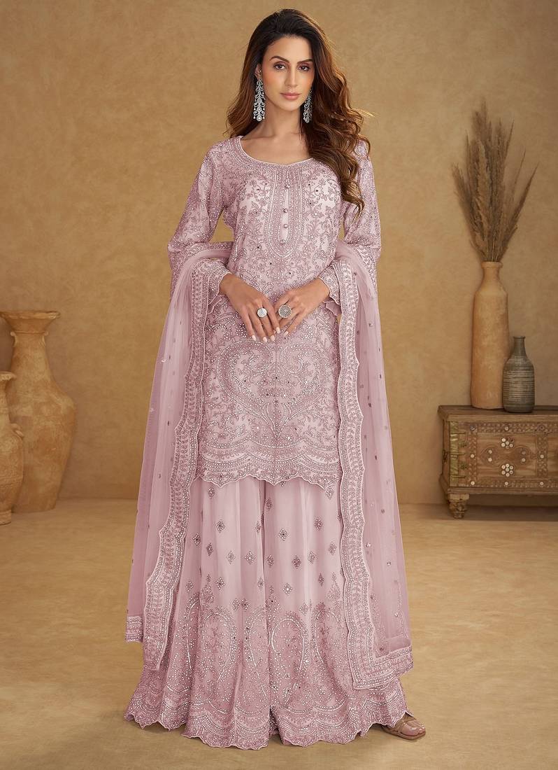 Pink net sequins work semi stitched salwar suits suits size up to 42