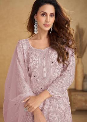 Pink net sequins work semi stitched salwar suits suits size up to 42 2