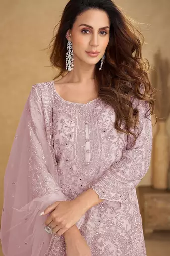 Pink net sequins work semi stitched salwar suits suits size up to 42