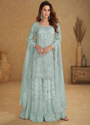Blue net sequins work semi stitched salwar suits suits size up to 42 1