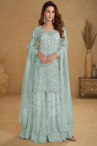Blue net sequins work semi stitched salwar suits suits size up to 42