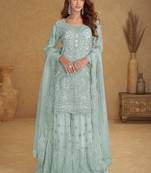 Blue net sequins work semi stitched salwar suits suits size up to 42