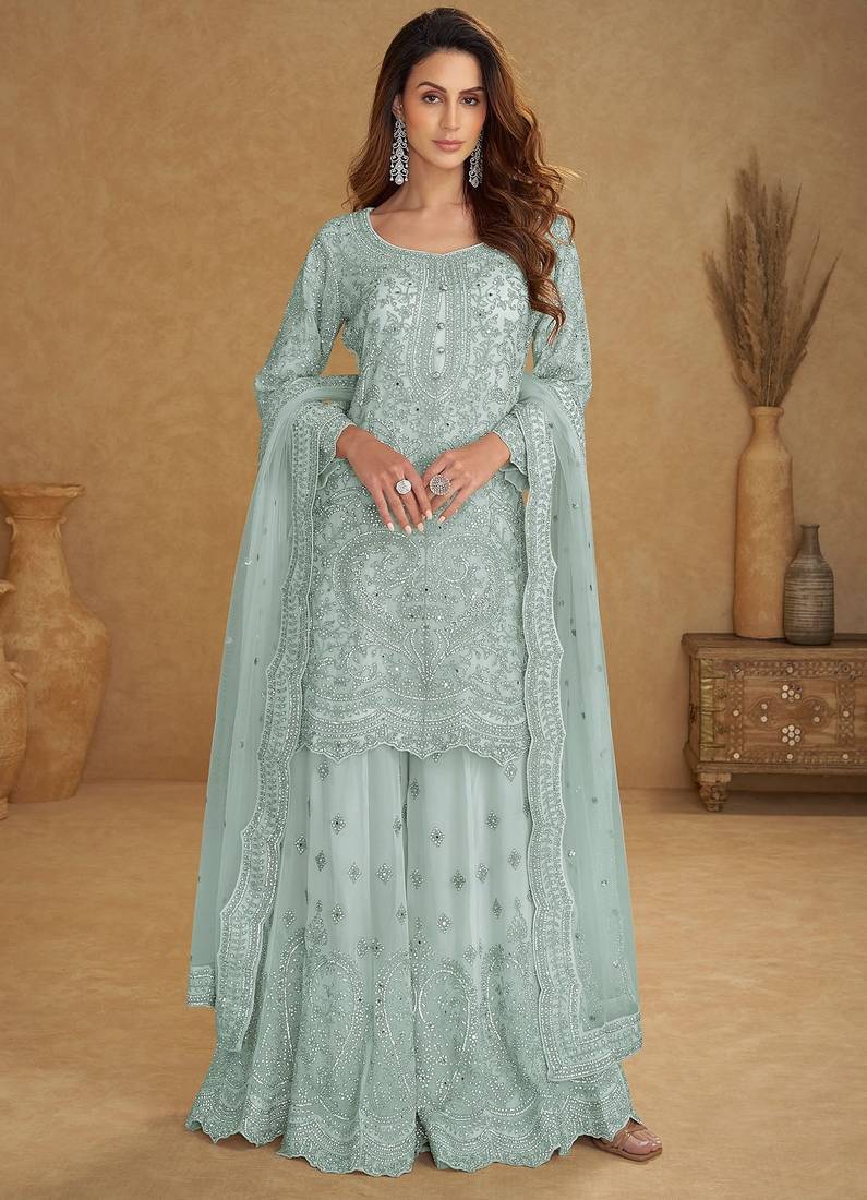 Blue net sequins work semi stitched salwar suits suits size up to 42