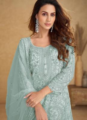 Blue net sequins work semi stitched salwar suits suits size up to 42 2