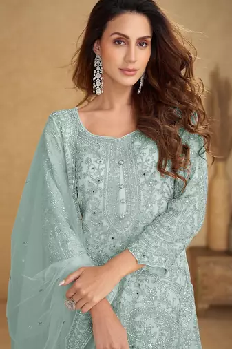 Blue net sequins work semi stitched salwar suits suits size up to 42