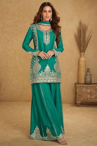 Turquoise chiffon sequins work semi stitched salwar suits suits size up to 42
