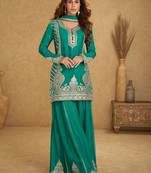 Turquoise chiffon sequins work semi stitched salwar suits suits size up to 42