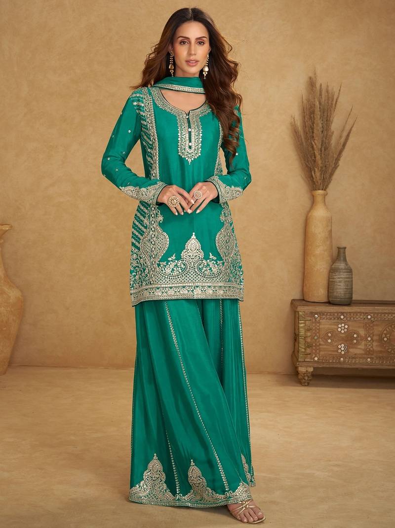 Turquoise chiffon sequins work semi stitched salwar suits suits size up to 42