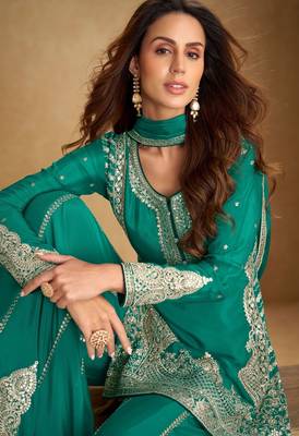 Turquoise chiffon sequins work semi stitched salwar suits suits size up to 42 2