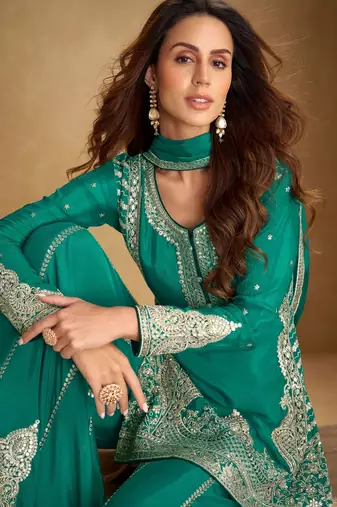 Turquoise chiffon sequins work semi stitched salwar suits suits size up to 42