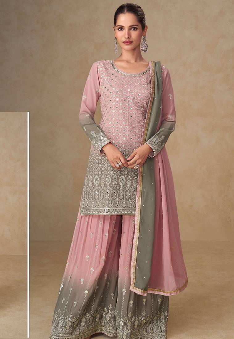Pink georgette sequins work semi stitched salwar suits suits size up to 42