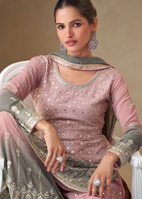 Pink georgette sequins work semi stitched salwar suits suits size up to 42 2