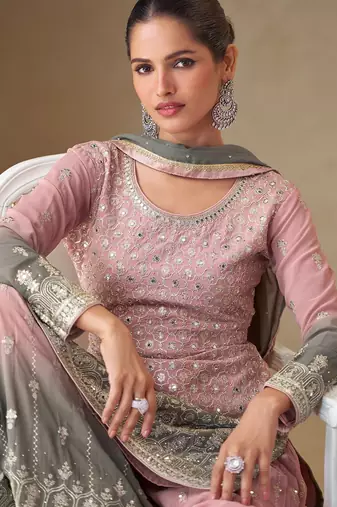 Pink georgette sequins work semi stitched salwar suits suits size up to 42