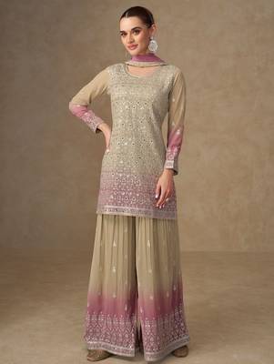 Light yellow georgette sequins work semi stitched salwar suits suits size up to 42 1