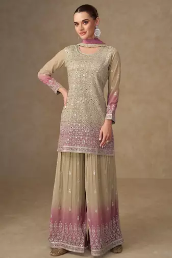 Light yellow georgette sequins work semi stitched salwar suits suits size up to 42