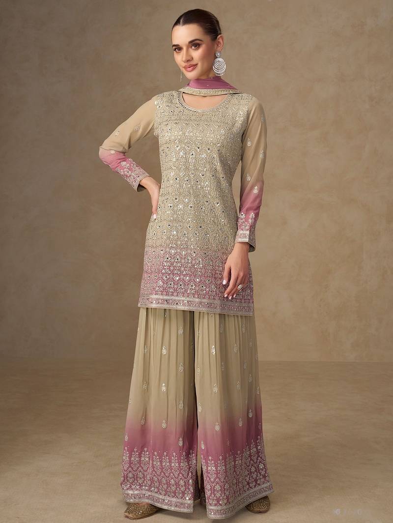 Light yellow georgette sequins work semi stitched salwar suits suits size up to 42