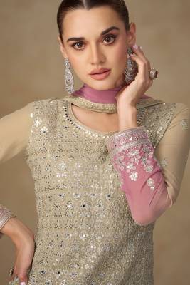 Light yellow georgette sequins work semi stitched salwar suits suits size up to 42 2