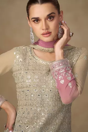 Light yellow georgette sequins work semi stitched salwar suits suits size up to 42